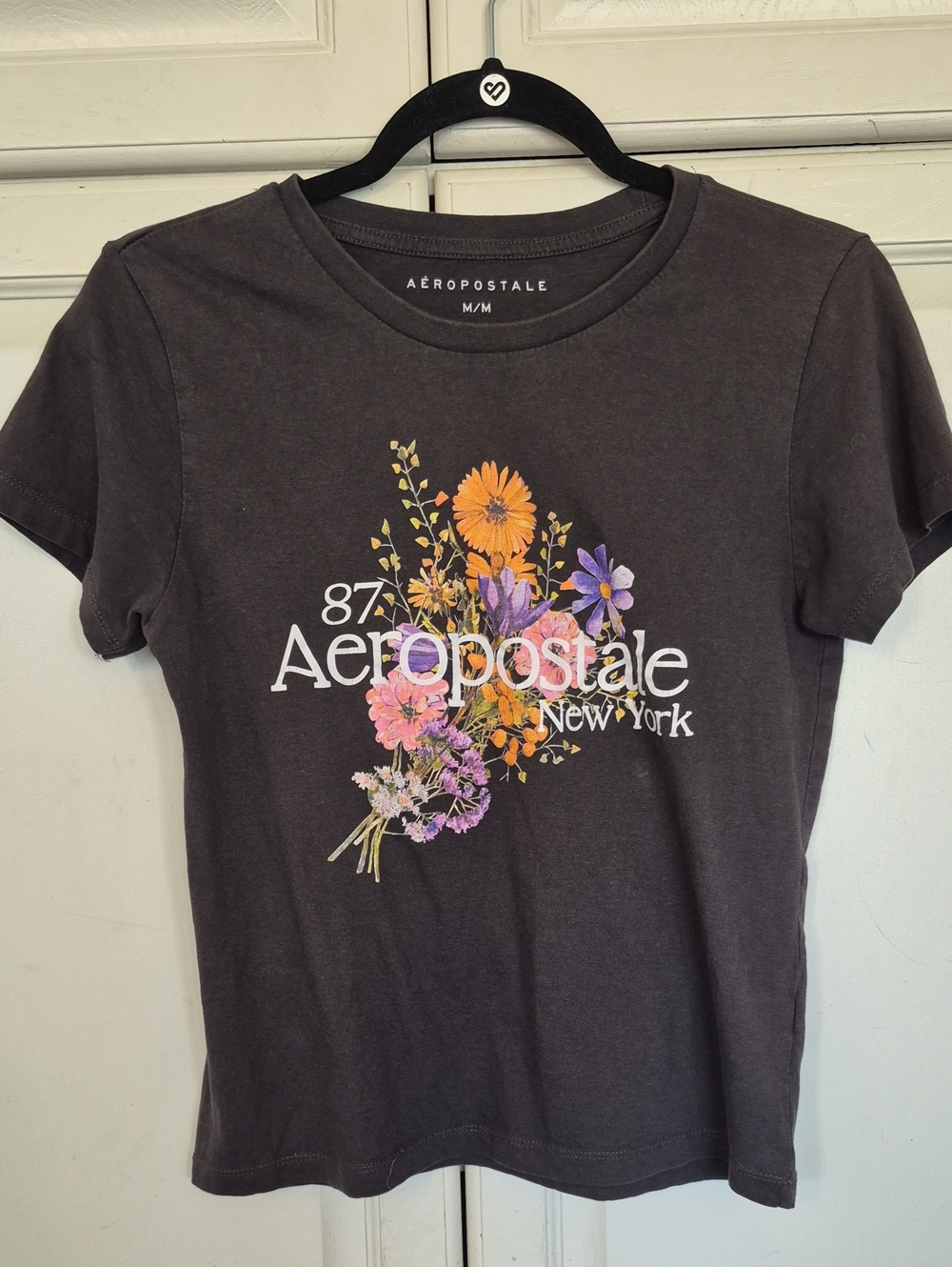 Aeropostale Charcoal Floral Logo Tee with Orange, Pink & Purple Blooms